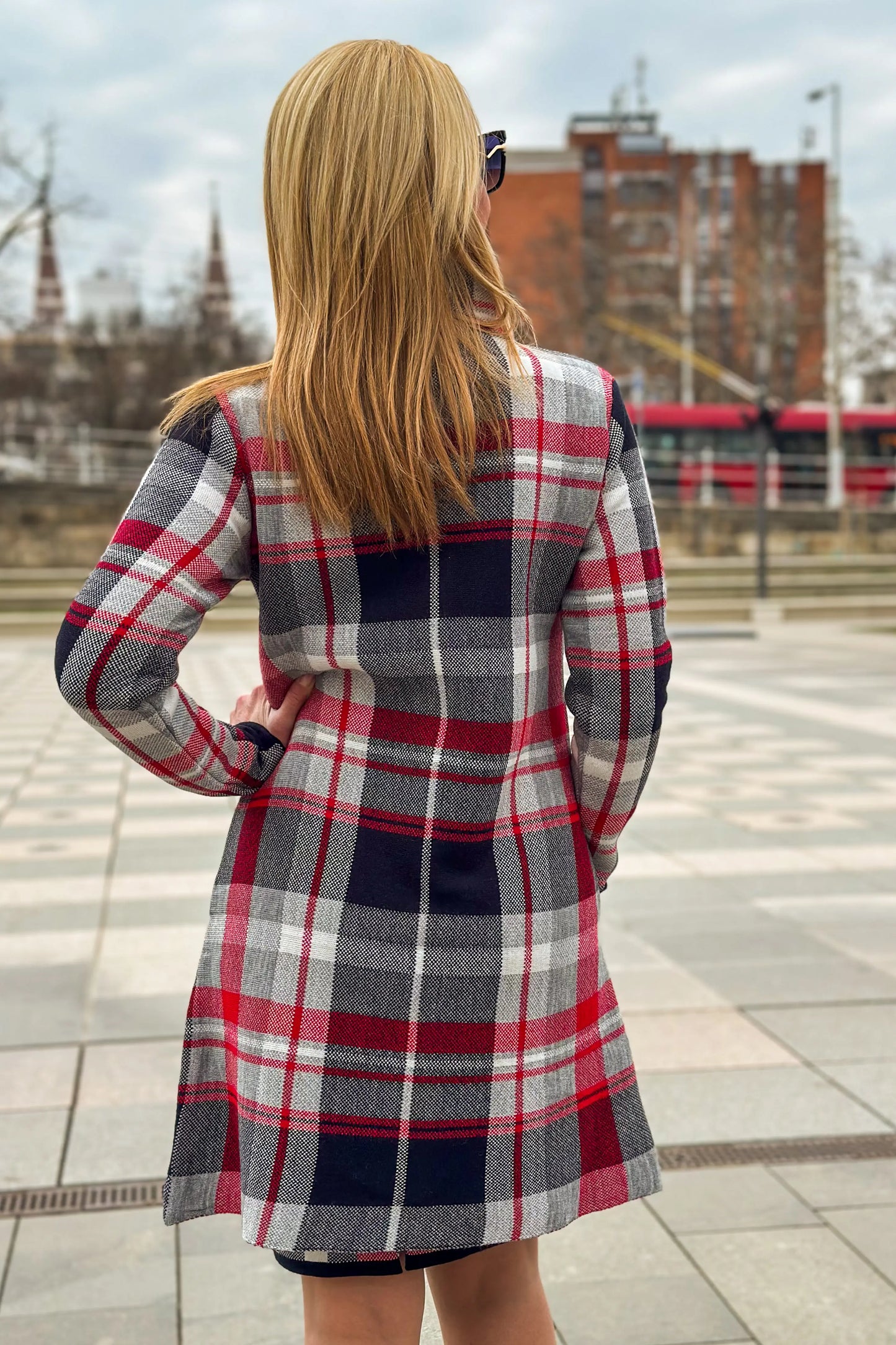 Classic longline red plaid coat for versatile styling