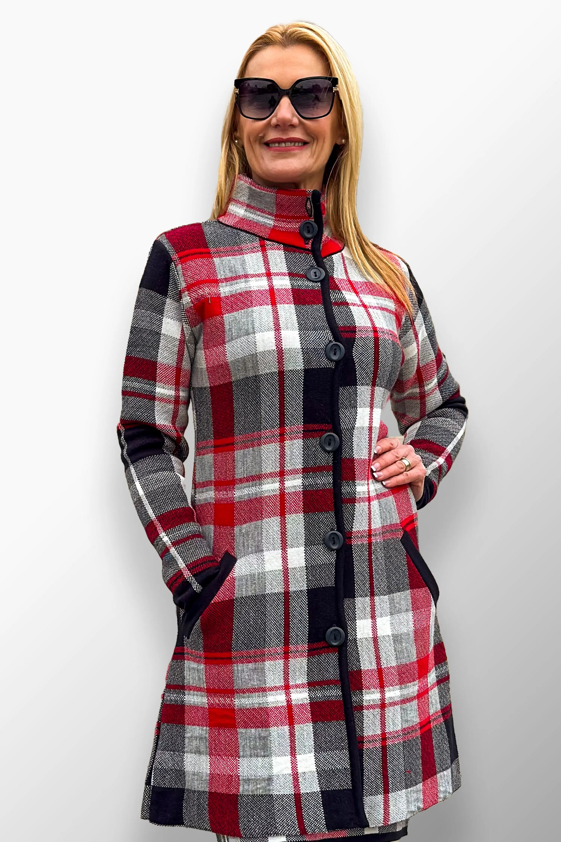 ajsa deep red plaid longline coat with timeless elegance.