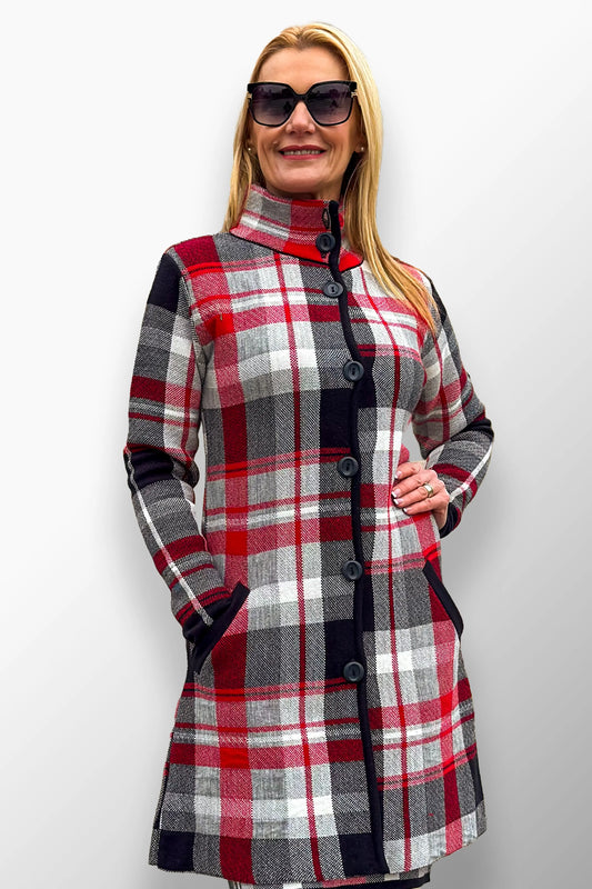 ajsa deep red plaid longline coat with timeless elegance.