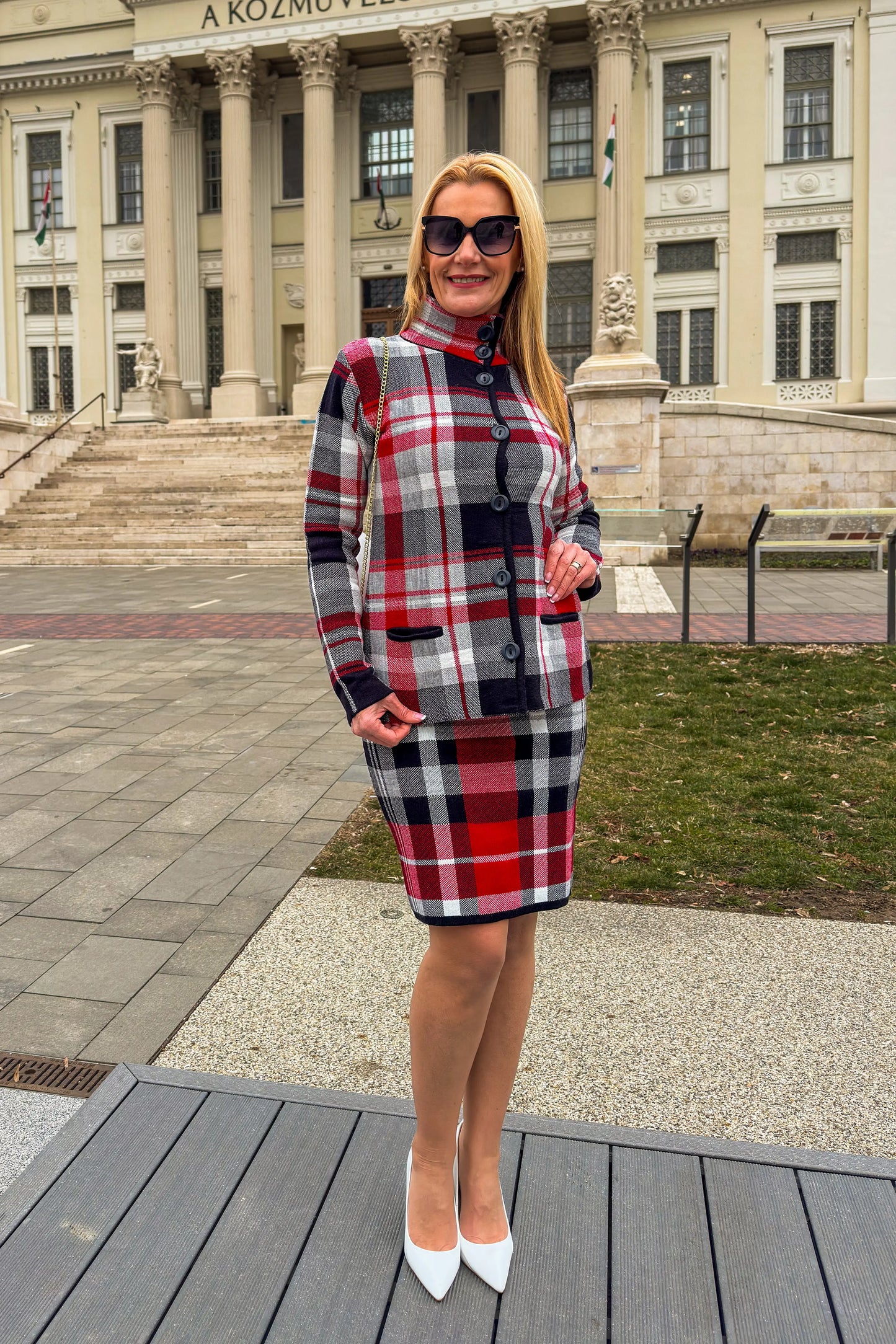 Business casual costume plaid coat and skirt worn with high heels and accessories