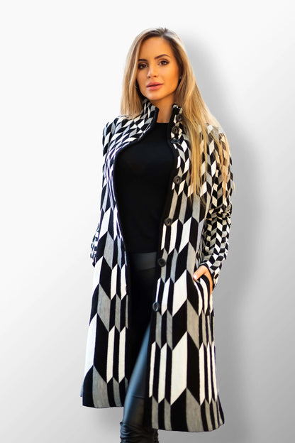 Anna black plaid wool-blend coat with chevron pattern.