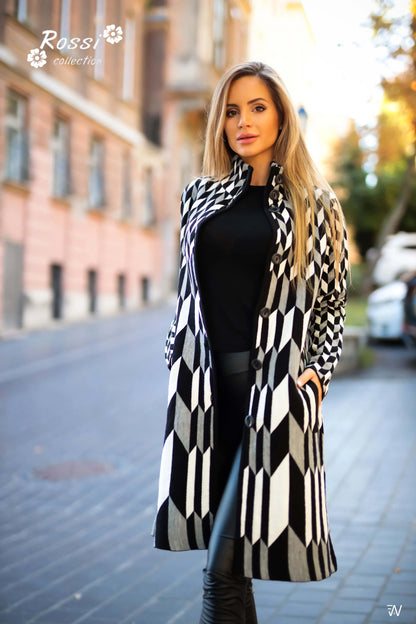 Classic black plaid coat for formal and casual styling.