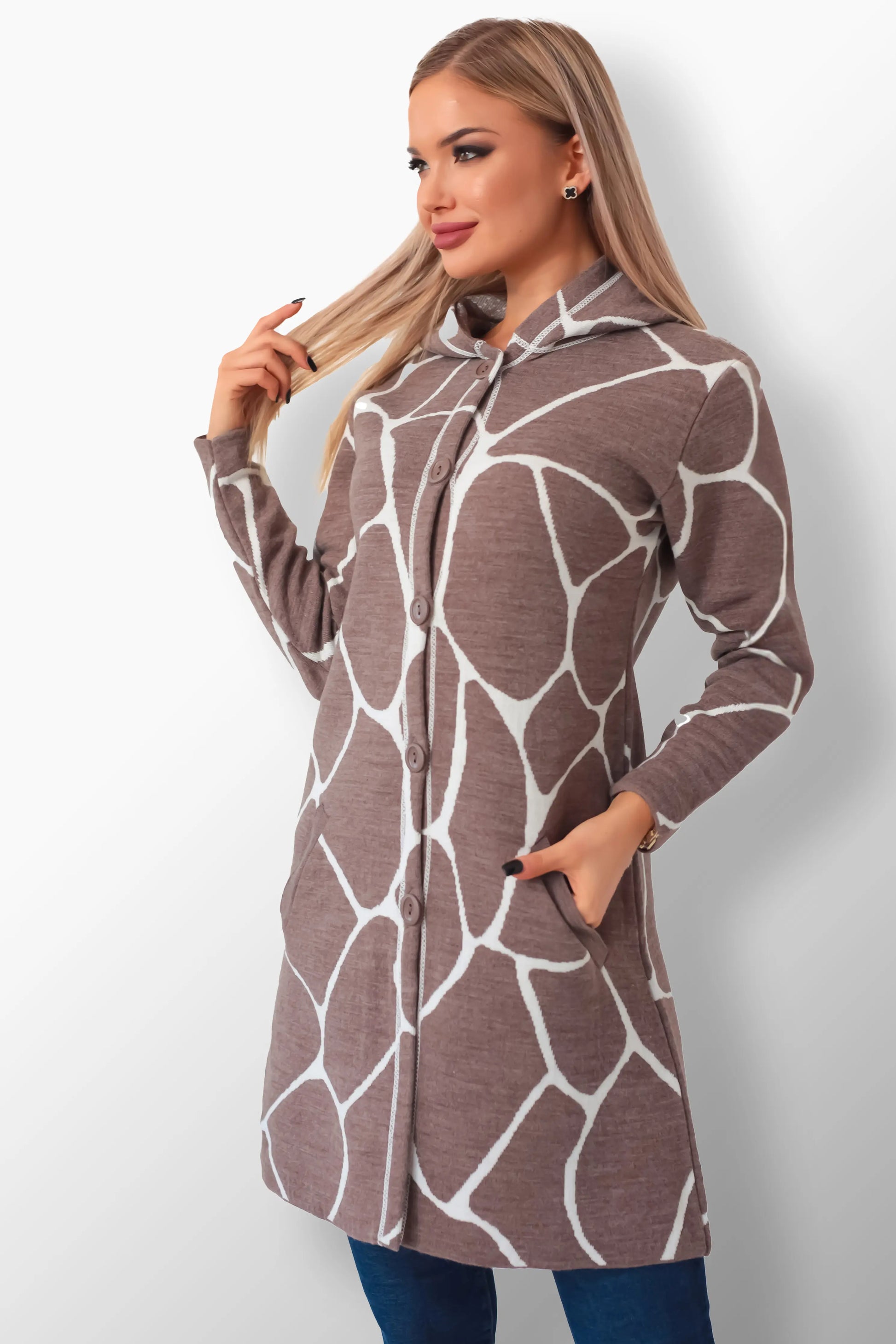 Babett dark beige coat with white giraffe print.