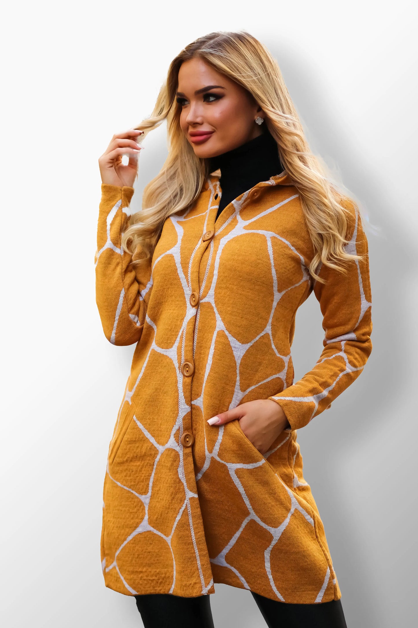 Bella mustard yellow coat with white giraffe print.