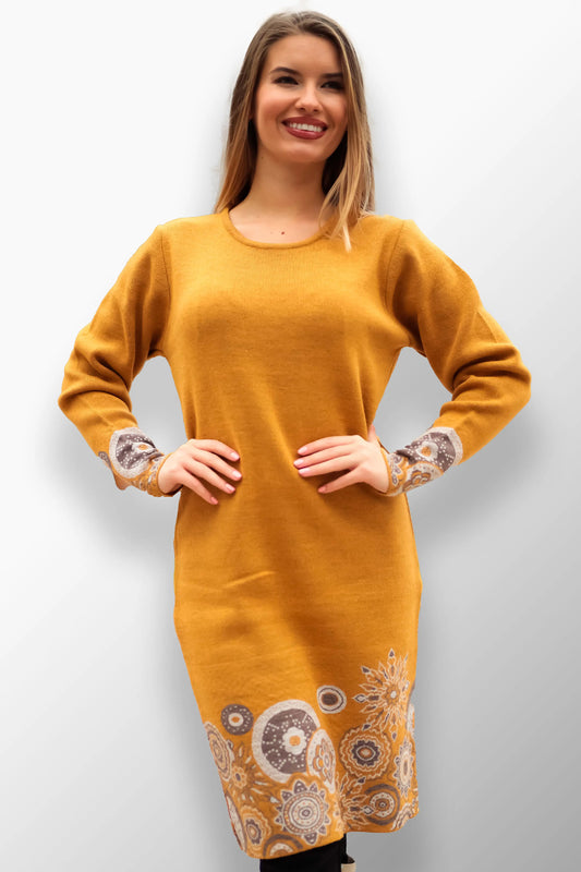 Elvira mustard yellow knit dress with flower pattern.