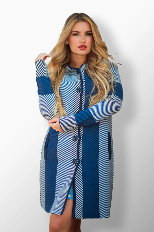 Erika navy coat with contemporary design.