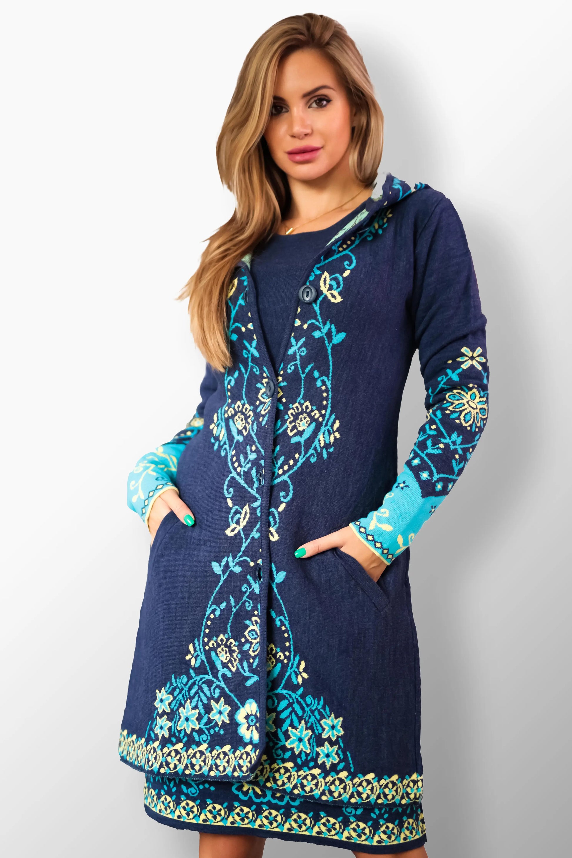 Ivana navy blue hooded coat with floral texture.