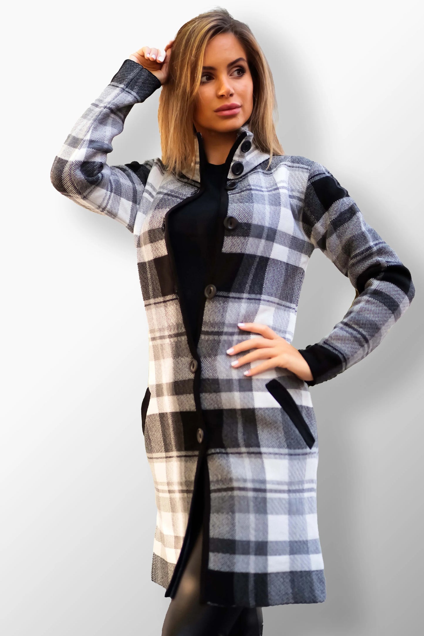 Kerry deep charcoal longline coat with timeless elegance.