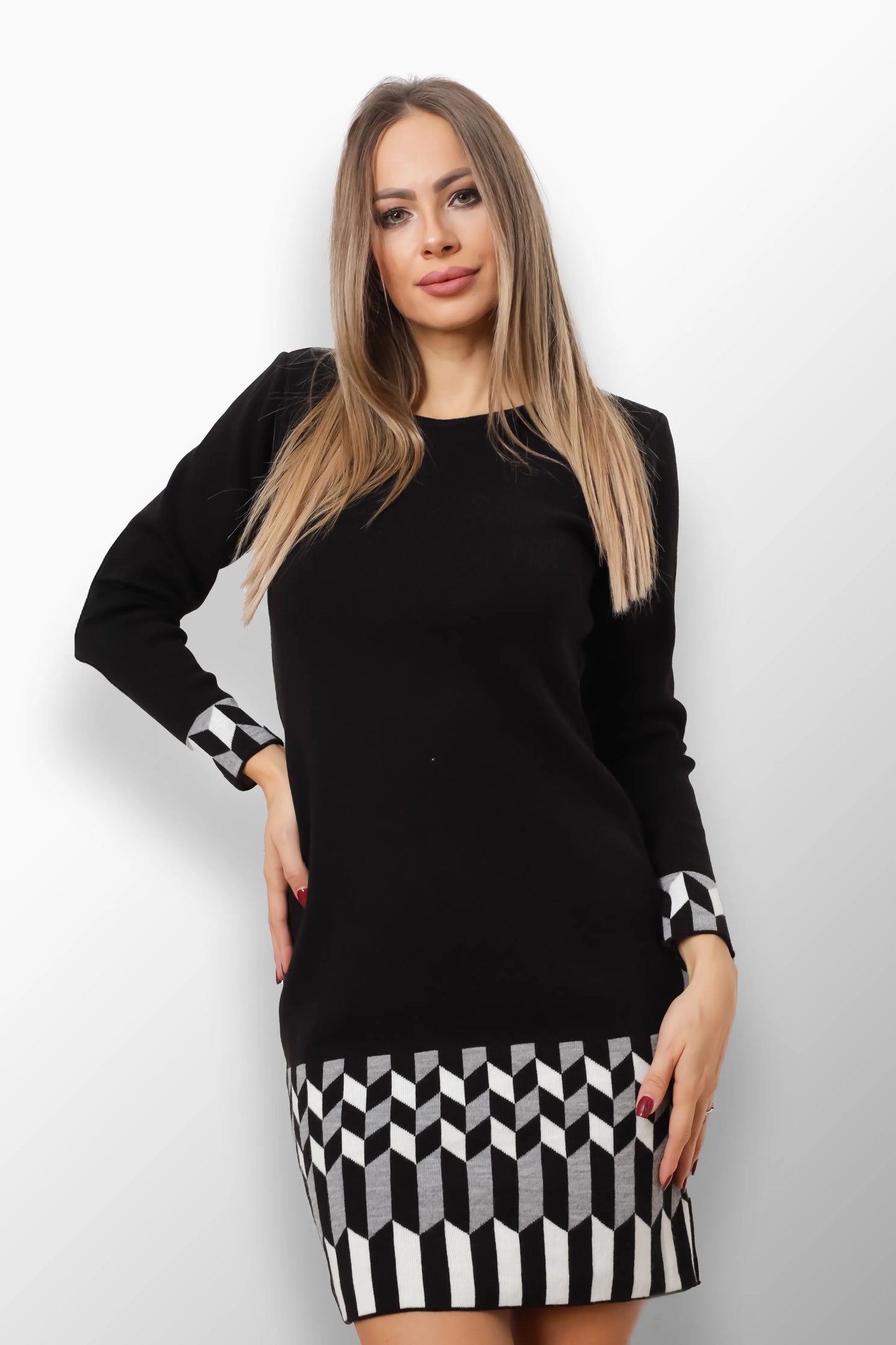 Margaret knit dress with Black and White chevron pattern.