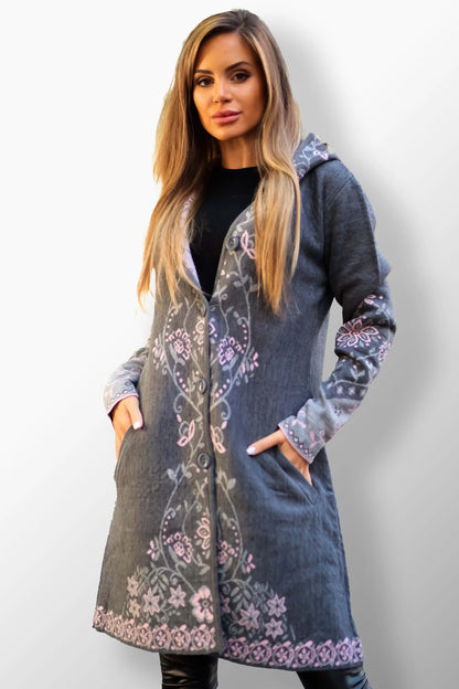 Melita soft gray longline coat with classic design.