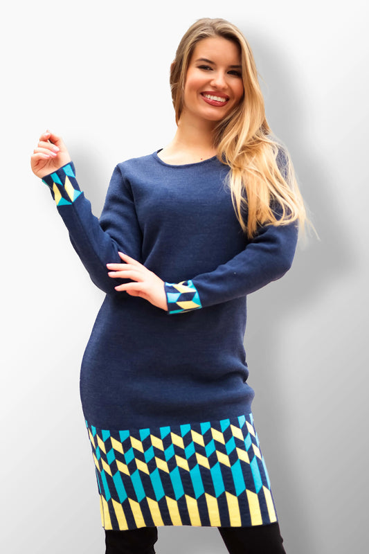 Rita knit dress with Navy and yellow chevron pattern.