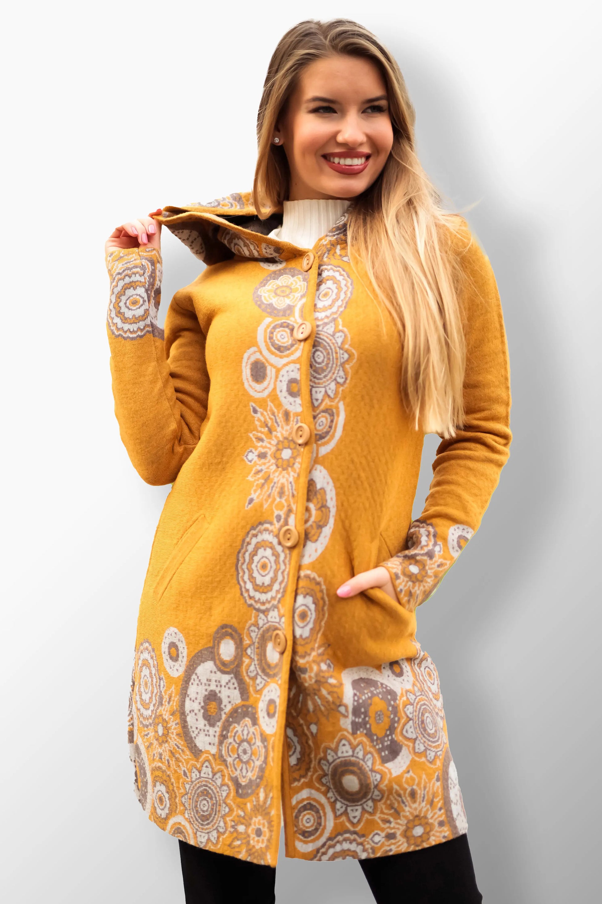 Roxana Mustard Yellow hooded coat with modern fit.