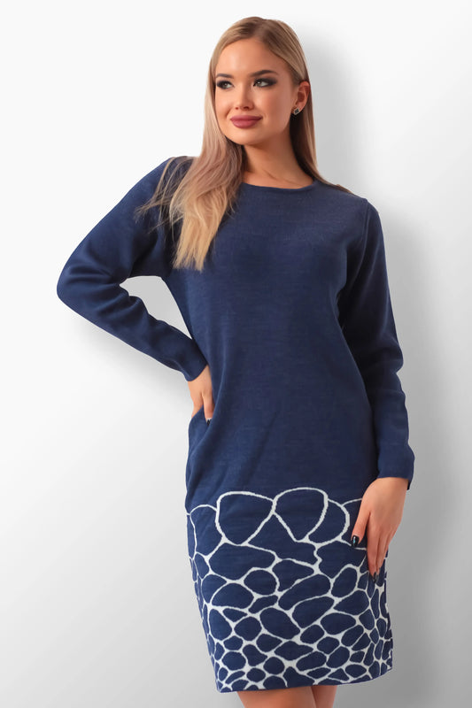 Selena navy knit dress with white ripple pattern.