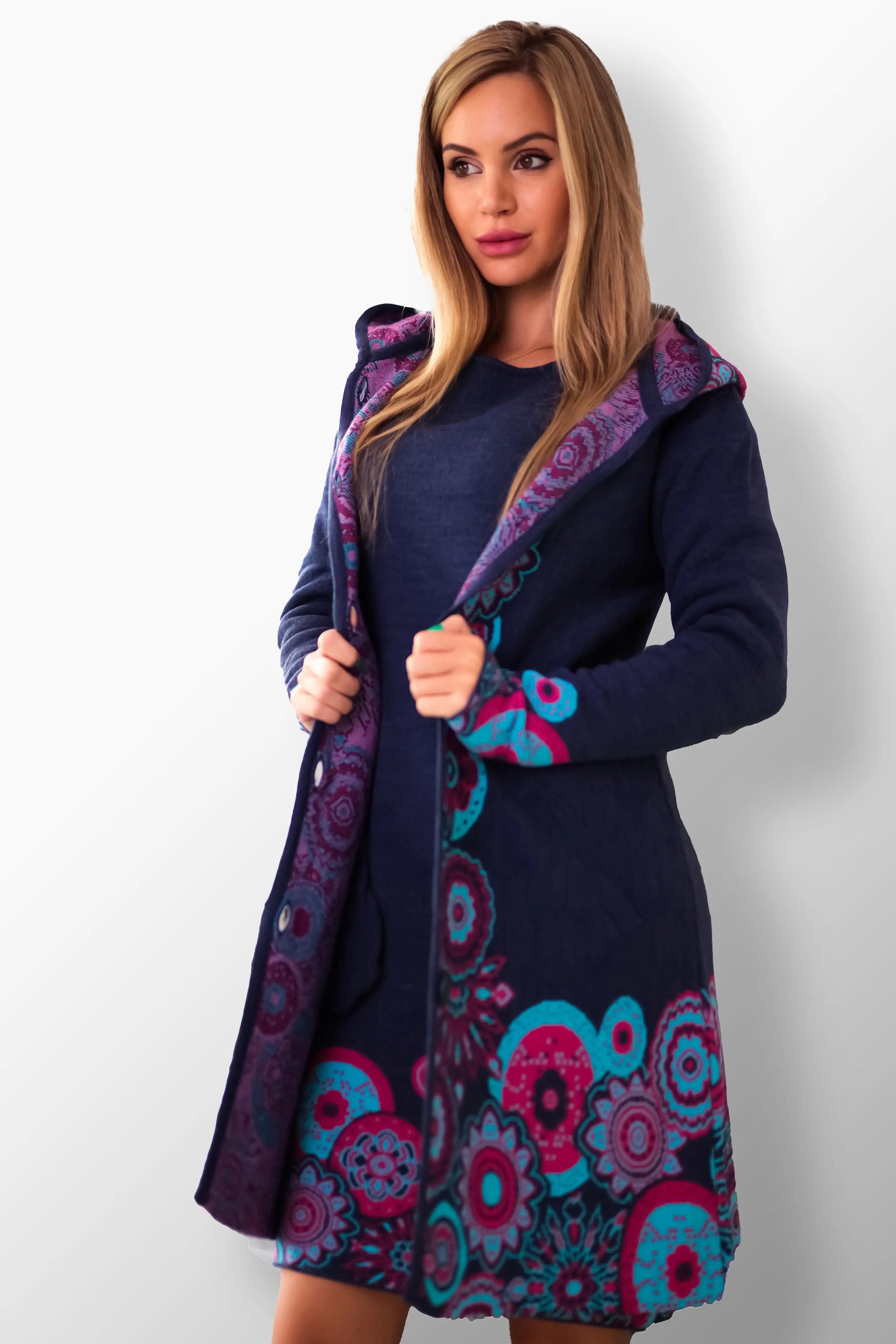 Suzana Navy Blue hooded coat with modern fit.