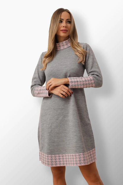 Tekla gray knit dress with pink plaid pattern.