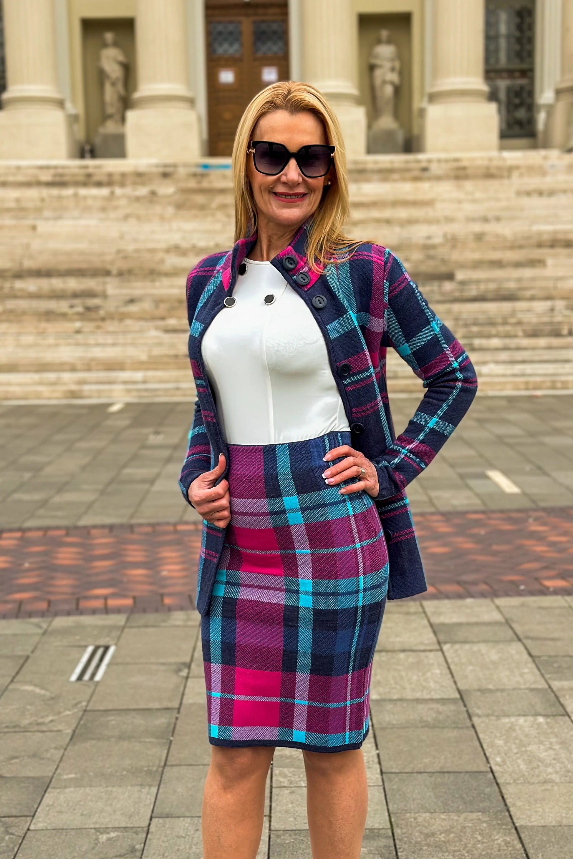 Timea High-Waisted Plaid Midi Skirt - Side profile highlighting high-waist style.